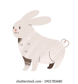 Cute white rabbit doodle illustration, farm animal with face expression, colored mascot, vector clipart isolated on white background