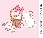 Cute white rabbit with Easter eggs and spring floral arrangement. Hand drawn vector clipart on isolated background. 