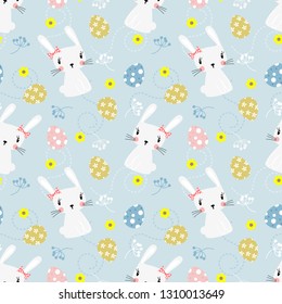 Cute white rabbit and easter eggs seamless pattern. Lovely bunny on easter background.
