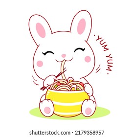 El conejo blanco lindo come fideos de ramen. Inscripción Tú y yo. El pequeño conejito Kawaii está feliz de comer fideos. Ilustración del vector EPS8