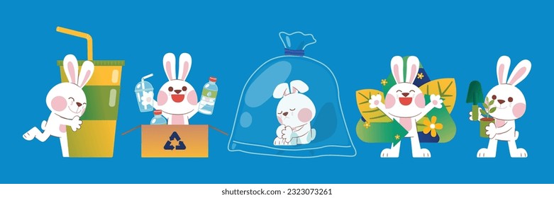 Cute White Rabbit With Eco Elements, Recycle, Plant Tree, Save The Earth, Vector, Illustration