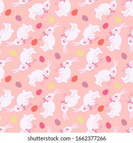 Cute white rabbit with egg seamless patterns on pink background