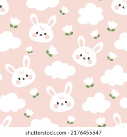 Cute white rabbit face with clouds and white flowers on a pastel pink background. Kawaii animals kids seamless pattern, fabric and textile print design