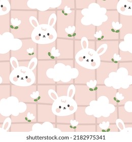 Cute white rabbit face with clouds and white flowers on a pastel pink background. Kawaii animals kids seamless pattern, fabric and textile print design