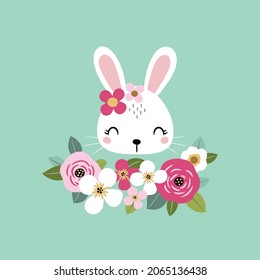 Cute white rabbit face with summer flowers.  Perfect for tee shirt logo, greeting card, poster, invitation or print design.