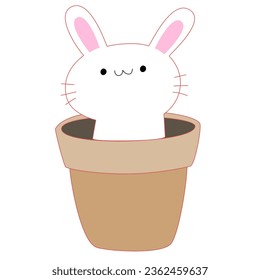 Cute white rabbit in a flower pot. Vector illustration design.
