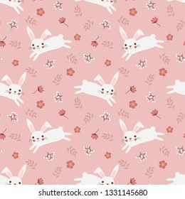 Cute white rabbit and flower seamless pattern.