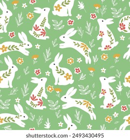 Cute white rabbit with flowers and leaves. Seamless spring pattern, Rabbits and spring flowers vector seamless pattern on green background,Charming rabbits are jumping in the spring meadow, 