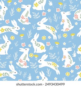 Cute white rabbit with flowers and leaves. Seamless spring pattern, Rabbits and spring flowers vector seamless pattern on bright blue background,Charming rabbits are jumping in the spring meadow, 