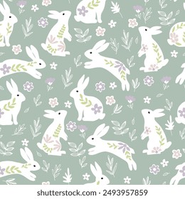 Cute white rabbit with flowers and leaves. Seamless spring pattern, Rabbits and spring flowers vector seamless pattern on bright pastel grey green background.Charming rabbits are jumping in the spring