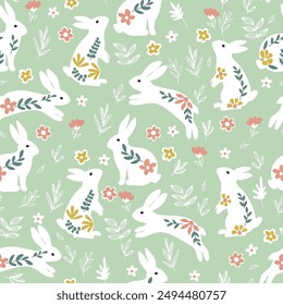 Cute white rabbit with flowers and leaves. Seamless spring pattern, Rabbits and spring flowers vector seamless pattern on pastel green background,Charming rabbits are jumping in the spring meadow, 