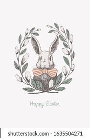 Cute white rabbit in frame willow twigs  Vector spring holiday greeting poster design element  Vintage illustration funny hare  Cozy design an Easter card 
