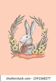 Cute white rabbit in a frame of yellow flowers with a ribbon. Vector spring holiday greeting poster design element. Vintage illustration of a funny hare. Cozy design of an Easter card.