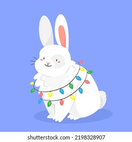 Cute white rabbit with a garland in cartoon style isolated on the background. Vector Christmas illustration. 2023 is the new year of the rabbit.