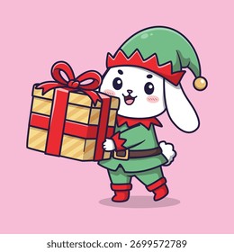Conejo blanco lindo en traje de elfo verde que sostiene el regalo envuelto – Ilustración vectorial caprichosa para Navidades y temas de la celebración de Festiva