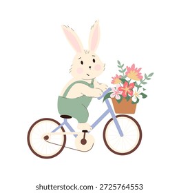 Nettes weißes Kaninchen in grünen Overalls, das mit einem blauen Fahrrad und einem Blumenkorb fährt. Moderne ästhetische Illustration für Ostergrüße und Frühlingsdesigns. Einzeln auf weiß.