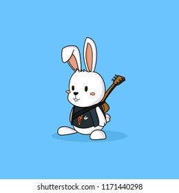 Cute white rabbit guitarist with guitar on his back.Hand draw character.