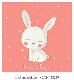 Cute white Rabbit. hand drawn color character . Can be used for t-shirt print, kids wear fashion design, baby shower invitation card. - Vector