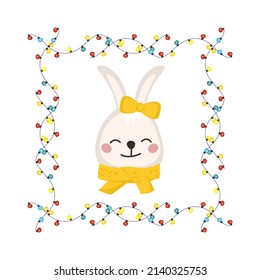 Cute white rabbit or hare with bow and scarf in childish style with frame made of festive garlands with lights. Funny animal with happy face. Vector flat illustration for holiday 