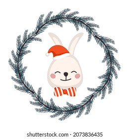 Cute white rabbit or hare in Santa hat and bow in childish style with frame from festive Christmas wreath. Funny animal with happy face. Decorations for New Year and holiday. Vector flat illustration