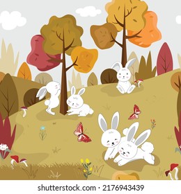 Cute white rabbit having fun  in the forest seamless pattern