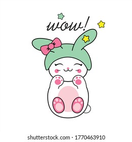 Cute white rabbit with hearts and text wow! A character in a green hat with a bow. Print for girls' Clothing, illustration, greeting card. vector. japanese anime. kawaii emotions. 