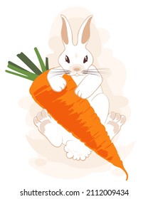 A cute white rabbit holding a carrot. Flat-style bunny. An illustration isolated on the background. For celebrations, prints and postcards