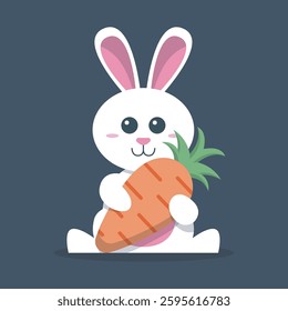 cute white rabbit holding carrot in isolated flat design