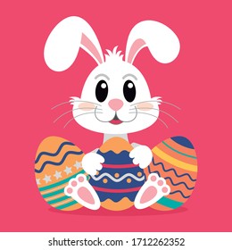 Cute White Rabbit holding colorful easter egg. Vector illustration