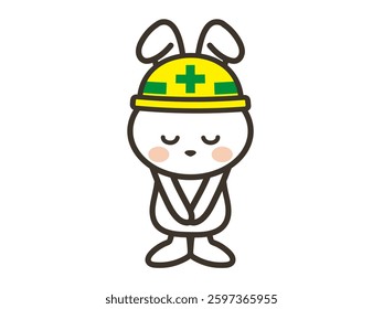 Cute white rabbit illustration at a construction site bowing his head and apologizing