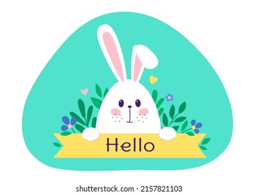 Cute white rabbit and the inscription Hello. Easter Bunny in the grass. Vector illustration isolated on a white background. Hand drawn сard with сharming hare in flat cartoon style. 