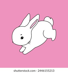 Cute white rabbit in jumping pose. Rabbit animal icon isolated on background. For Moon Festival, Chinese Lunar Year of the Rabbit, Easter decor. White Easter cutie white bunny, hare. Cute bunny art 