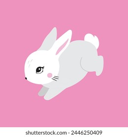 Cute white rabbit in jumping pose. Rabbit animal icon isolated on background. For Moon Festival, Chinese Lunar Year of the Rabbit, Easter decor. White Easter cutie white bunny, hare. Cute bunny art 