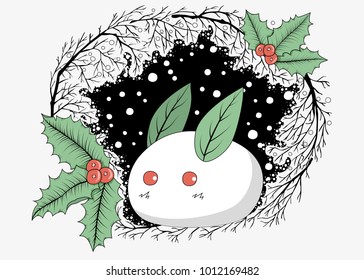 A cute white rabbit made of snow with leaves and holly berries, round snowflakes and black silhouettes of branches. Vector clipart.