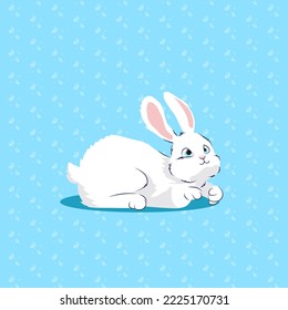 Cute white rabbit on the background of a pattern with rabbits.