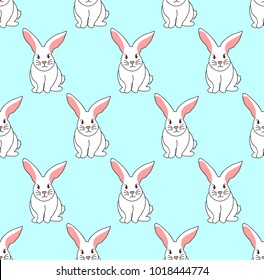 Cute White Rabbit on Blue Mint Background. Vector Illustration.
