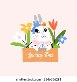 Cute white rabbit on floral background. Springtime vector flat illustration