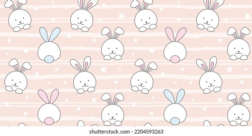 Cute white rabbit on a light beige striped background with small stars. Endless texture with adorable bunny, tiny hare. Vector seamless pattern for cover, wrapping paper, printing on clothing and bags