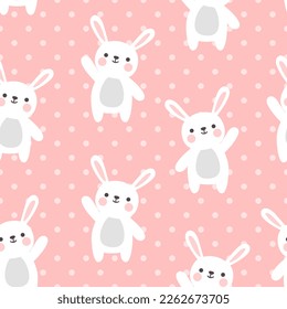 Cute white rabbit on a pastel pink background with polka dot texture, kids kawaii seamless pattern