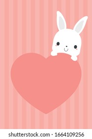 Cute white rabbit on pink heart shaped blank copy space on pink stripe background. Greeting card template. Perfect for Valentine's day.