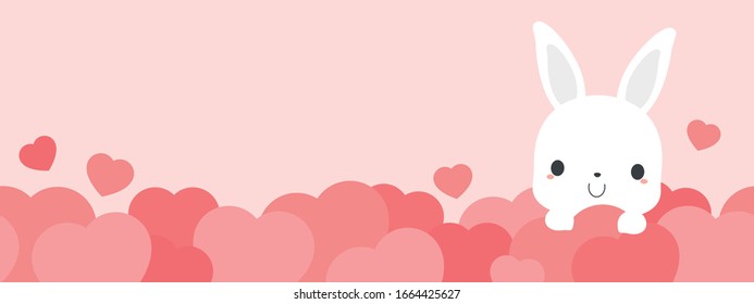 Cortar conejo blanco en el borde inferior del corazón rosado con espacio para copiar. Perfecto para el día de San Valentín. Ilustración vectorial plana. 