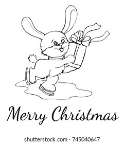 Cute white rabbit on skates.Christmas Rabbit, Vector Illustration.