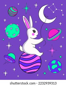 Cute white rabbit in open space. cartoon vector illustration