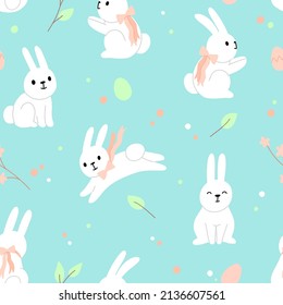 Cute white rabbit pattern. Easter vektor background on blue. 