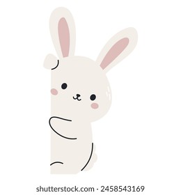 Lindo conejo blanco asomándose por detrás de un Anuncio. Ilustración vectorial plana sobre fondo blanco, espacio para su texto 