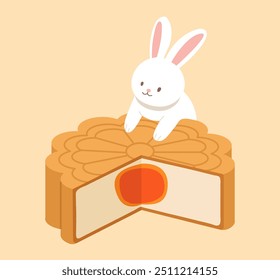 Coelho branco bonito empoleirado em meio mooncake com ilustração de gema de ovo para o Festival de outono ou Festival Mooncake. Conceito de sobremesa cozida tradicional chinesa, padaria, cultura asiática