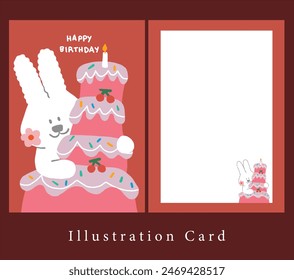 a cute white rabbit with pink birthday cake and cherry on top with red background.minimal greeting card, illustration birthday card with blessings word.