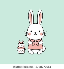 Cute white rabbit with pink bow and small rabbit toy on light green background