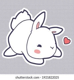 Cute white rabbit with pink cheeks and ears. Enamored hare with a red heart. Cartoon character. Stickers and posters for valentine's day, easter, wedding and mother's day. 