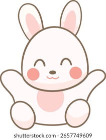 Un lindo conejo blanco con mejillas rosadas está sentado con las manos levantadas.